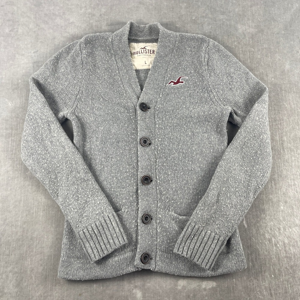 Hollister Mens L Gray Cardigan Sweater Wool Blend Logo Shawl Collar Button Up